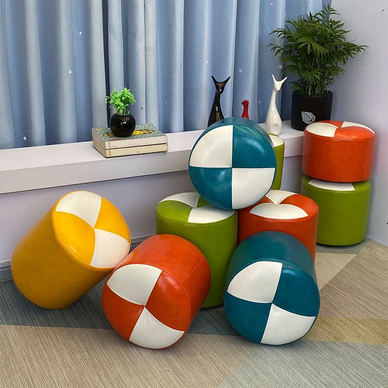 Color Block Pouf Cylinder Shape Faux Leather Contemporary Stain Resistant Pouf
