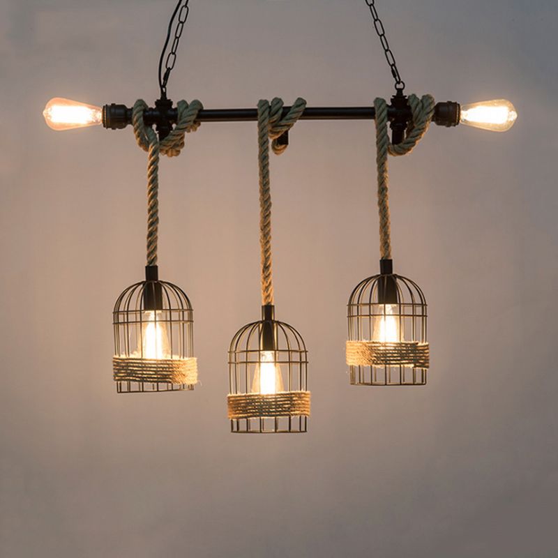 Cage Shape Pendant Lighting Modern Style Metal 1/3/5 Lights Hanging Lamp in Brown
