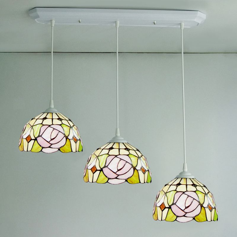 Dome Stained Glass Pendulum Light Victorian 3 Heads White Rose Patterned Cluster Pendant Light for Dining Room