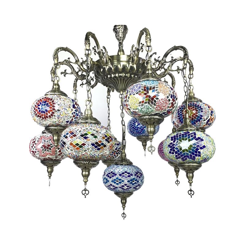 Curved Arm Metal Chandelier Antique 11 Heads Bronze Hanging Light Kit with Global Colorful Glass Shade