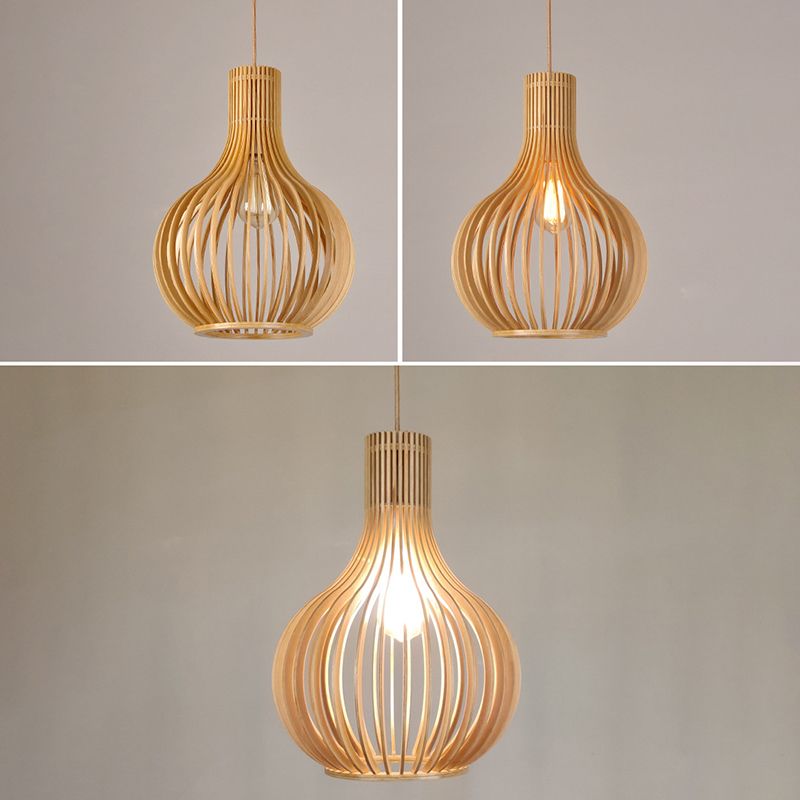 Spherical Caged Pendant Lamp Minimalist Wooden 1-Light Restaurant Hanging Light