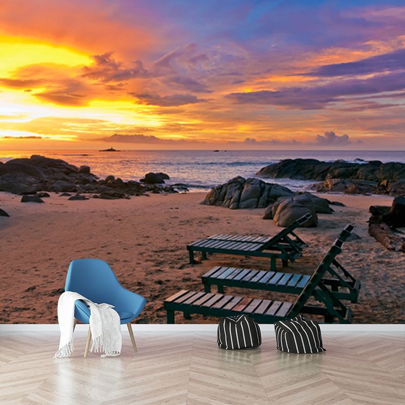 Sunset Coastal Beach Bench Mural Tropical Non-Woven Material Wall Decor in Yellow