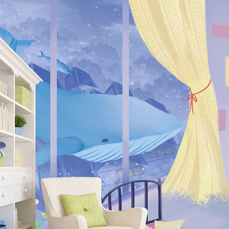 Whale Outside the Window Mural Purple-Yellow Childrens Art Wall Covering for Kids Room