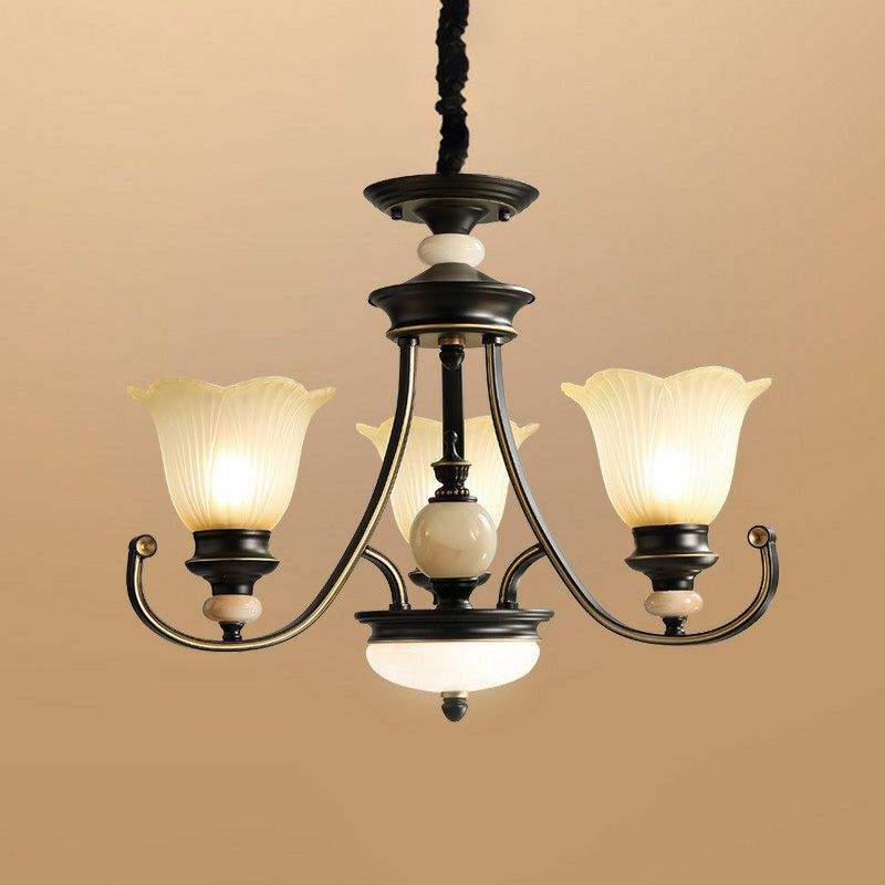 Flower Shaped Frosted Glass Chandelier Lighting Classic Dining Room Pendant Light in Black