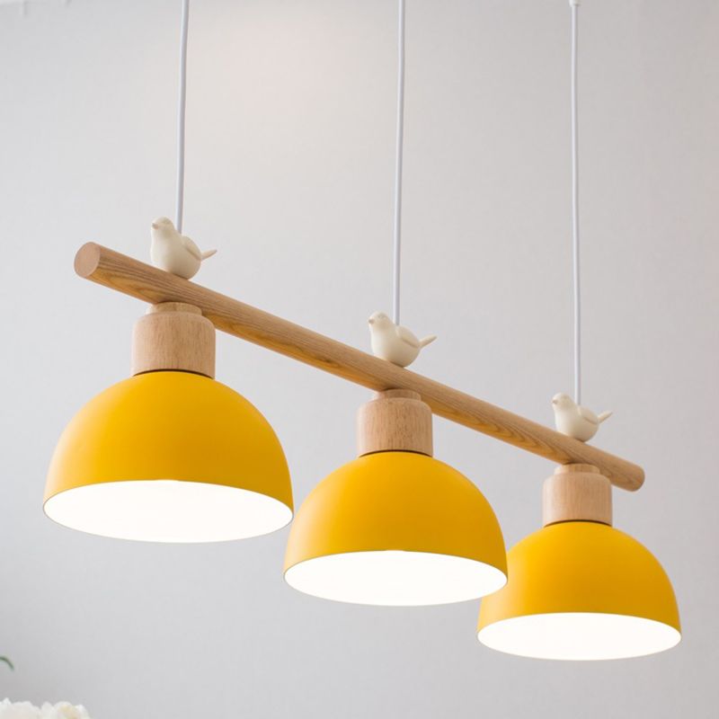 3 Lights Island Pendant Macaron Bowl Metal Pendant with Wood Electric Light Socket