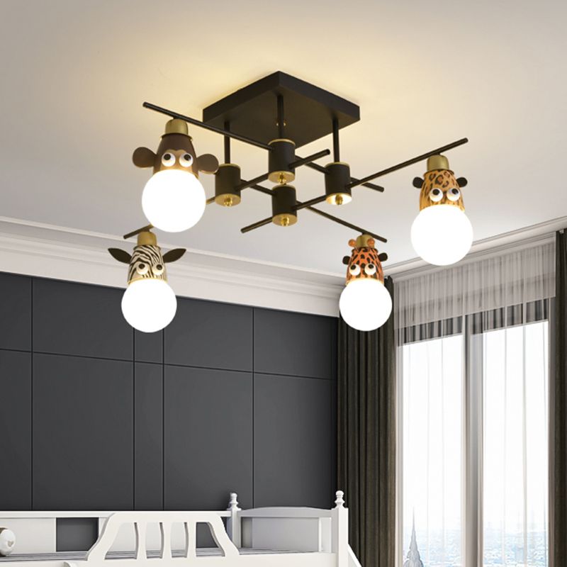 Kids Animal Metal Chandelier Lamp 4 Lights Pendant Lighting Fixture in Black for Nursery