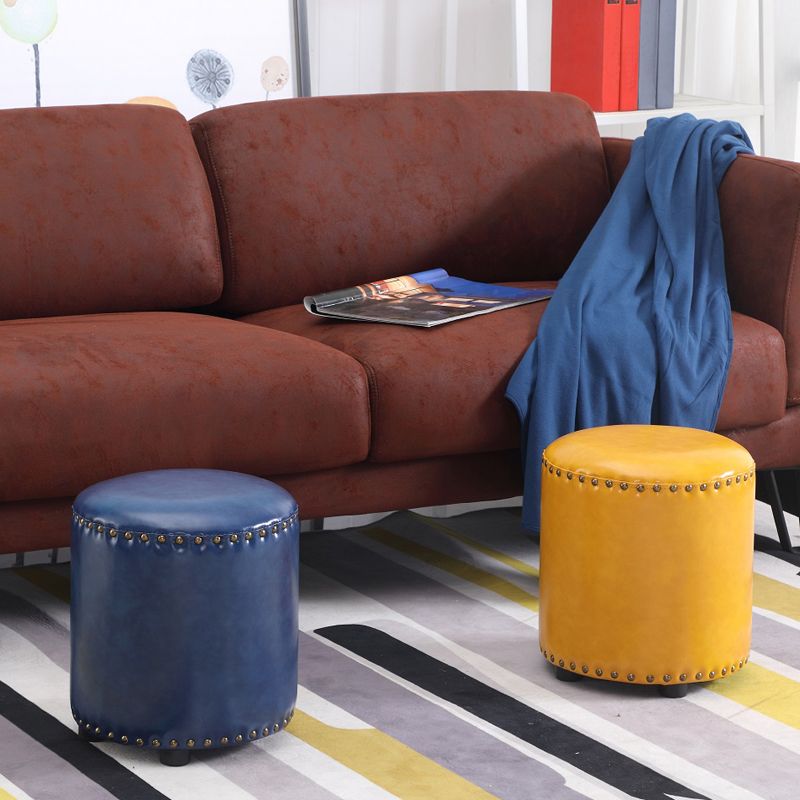 Round Contemporary Pouf Pure Color Nailhead Trim PU Leather Pouf Ottoman