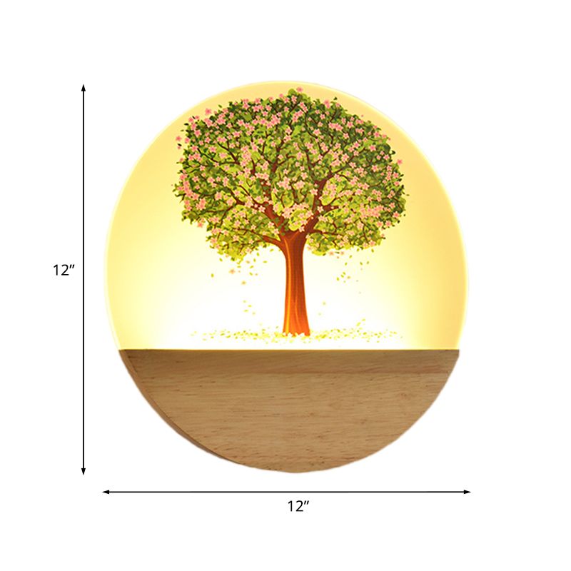 Nordic Style Round Tree Mural Lamp Acrylic LED Guest Room Wall Mounted Light Fixture in Wood