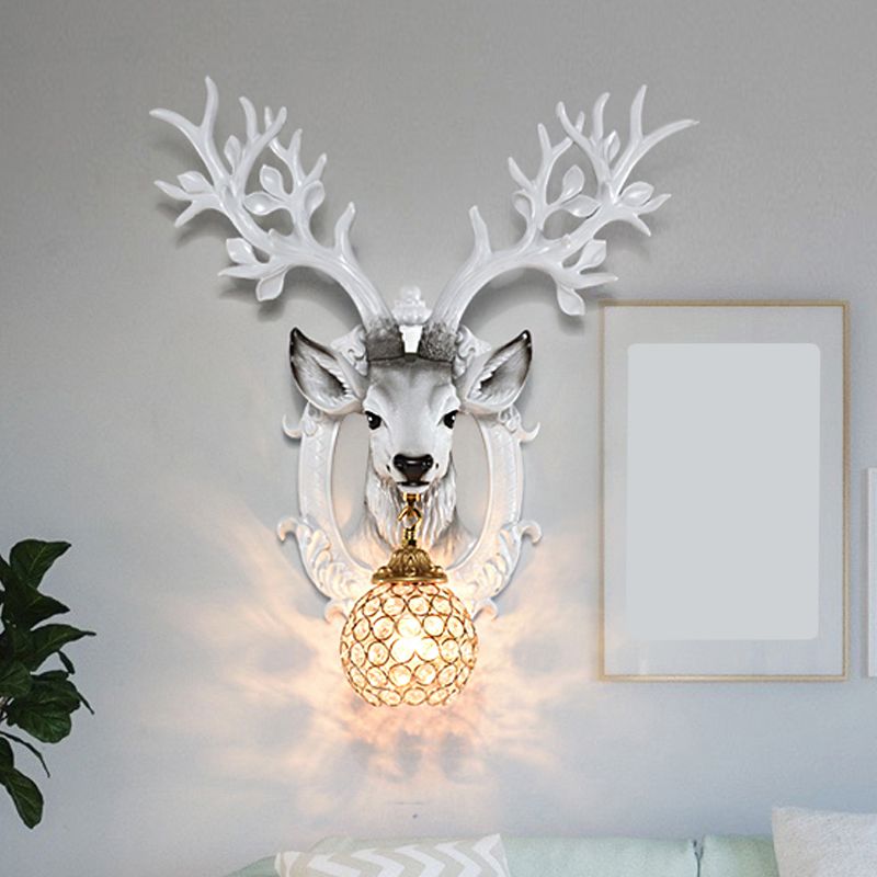 Deer Head Bedroom Wall Sconce Retro Style Resin 1-Light White Wall Mounted Lamp with Global Faceted Crystal Shade