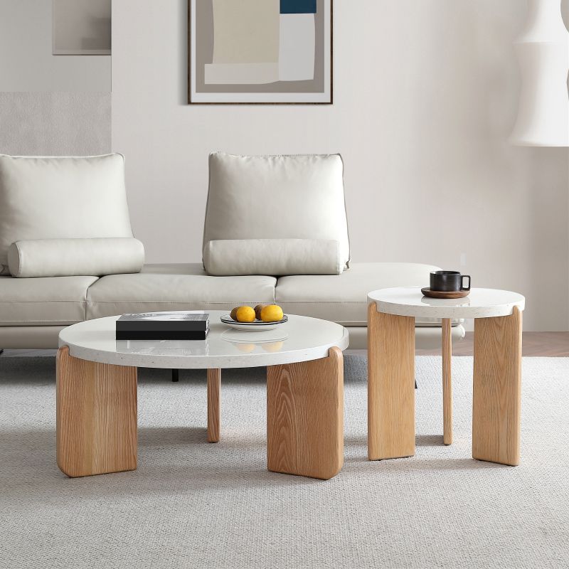 Round Terrazzo 1 Single Coffee Table Modern Style Wooden 3 Legs Cocktail Table