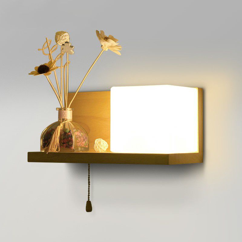 Milk Glass Cube Wall Sconce Lighting Nordic 1-Bulb Wood Shelf Wall Light with Pull Chain