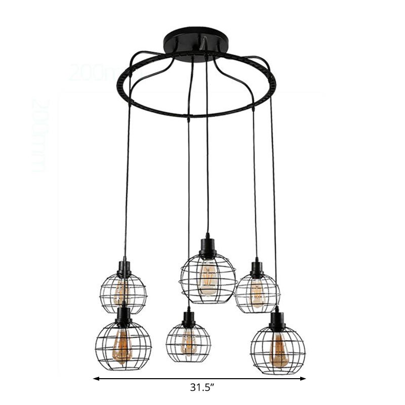 Industrial Style Global Hanging Lamp 6 Bulbs Metallic Suspended Light with Wire Cage Shade in Black