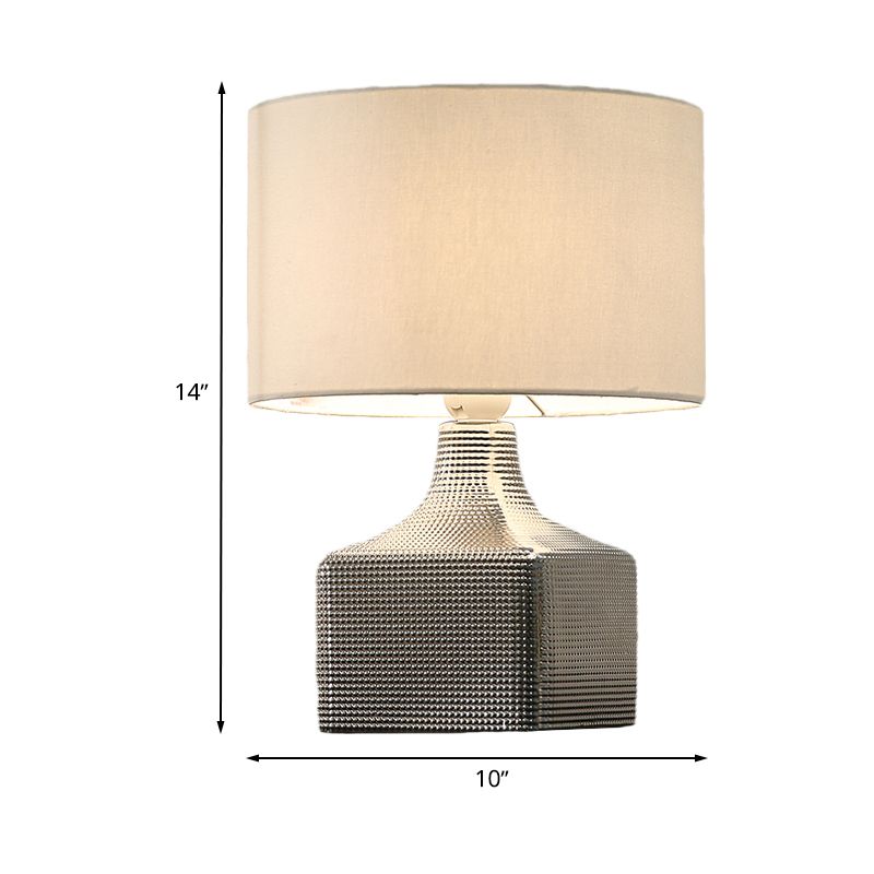 Drum Shade Fabric Table Lighting Contemporary 1-Light White Finish Night Light with Cubic Base