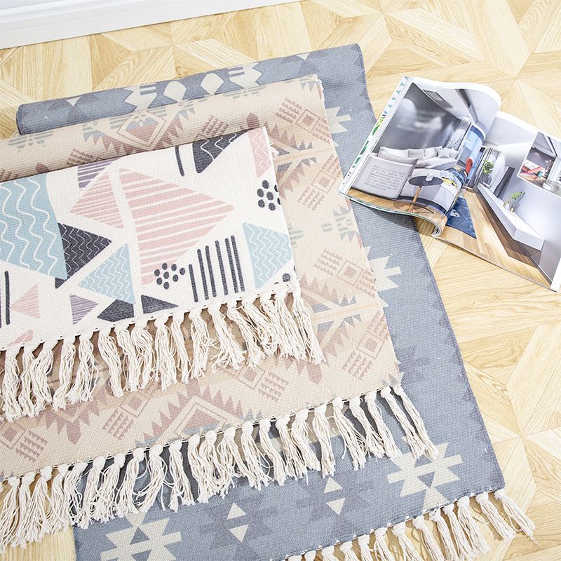 Multi Color Funky Rug Cotton Geometric Shapes Rug Pet Friendly Machine Washable Carpet for Bedroom