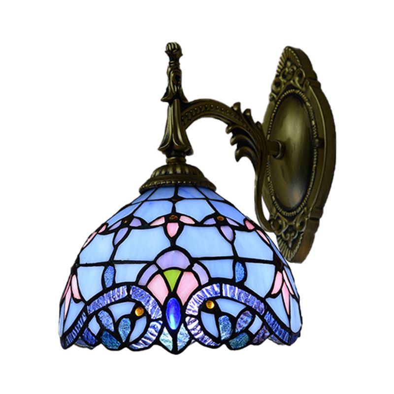 Victorian Wall Sconce with Bowl Shade Stained Glass 1 Head Wall Lighting in Blue for Living Room
