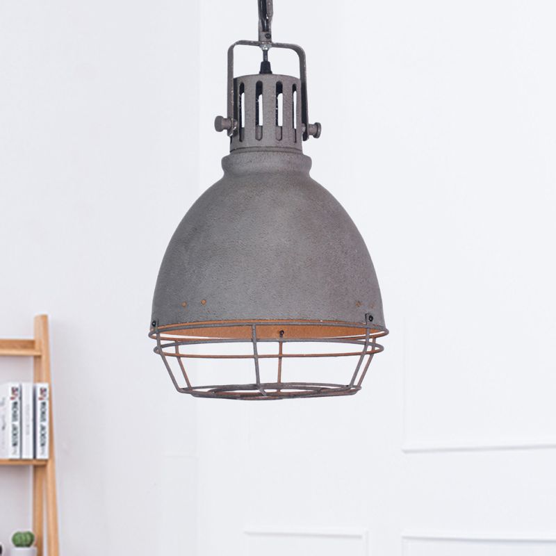 Wrought Iron Bell/Dome Shade Pendant Lighting Industrial 1 Light Living Room Hanging Lamp with Wire Guard in Grey