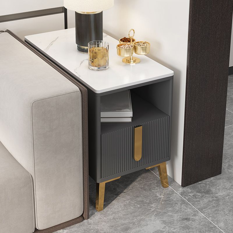 4 Legs Glam Side Table Stone Top Side Table with Shelf and Drawer