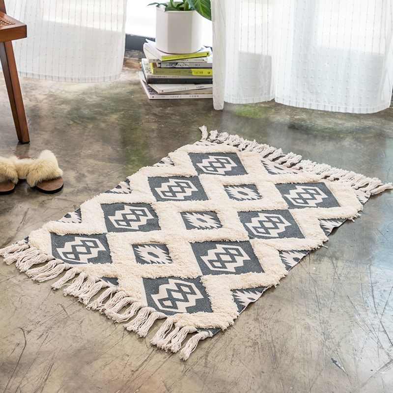 Tapis de décoration marocaine Multi-couleur Southwestern Print Carpet Cotton Blend Pet Friendly Zone Washable Area With Tassel