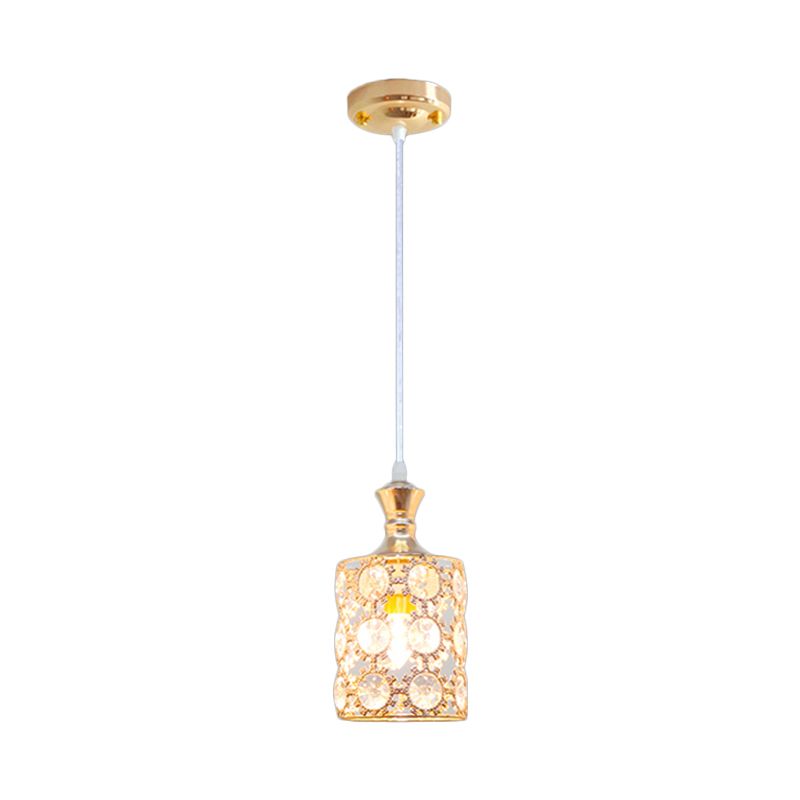 3-Layer Sunflower Pendulum Light with Cylinder Design Modern Crystal Embedded 1 Bulb Restaurant Pendant in Gold