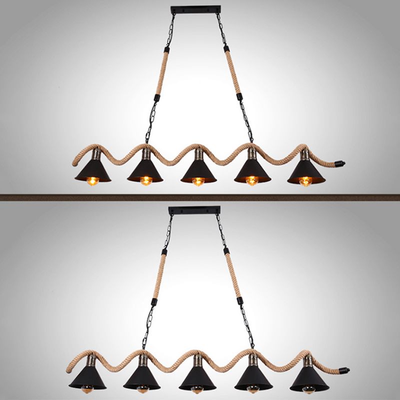 Wave-shaped Hemp Rope Island Lamp Industrial Retro Black Metal Saucer Shade Pendant Light for Bar