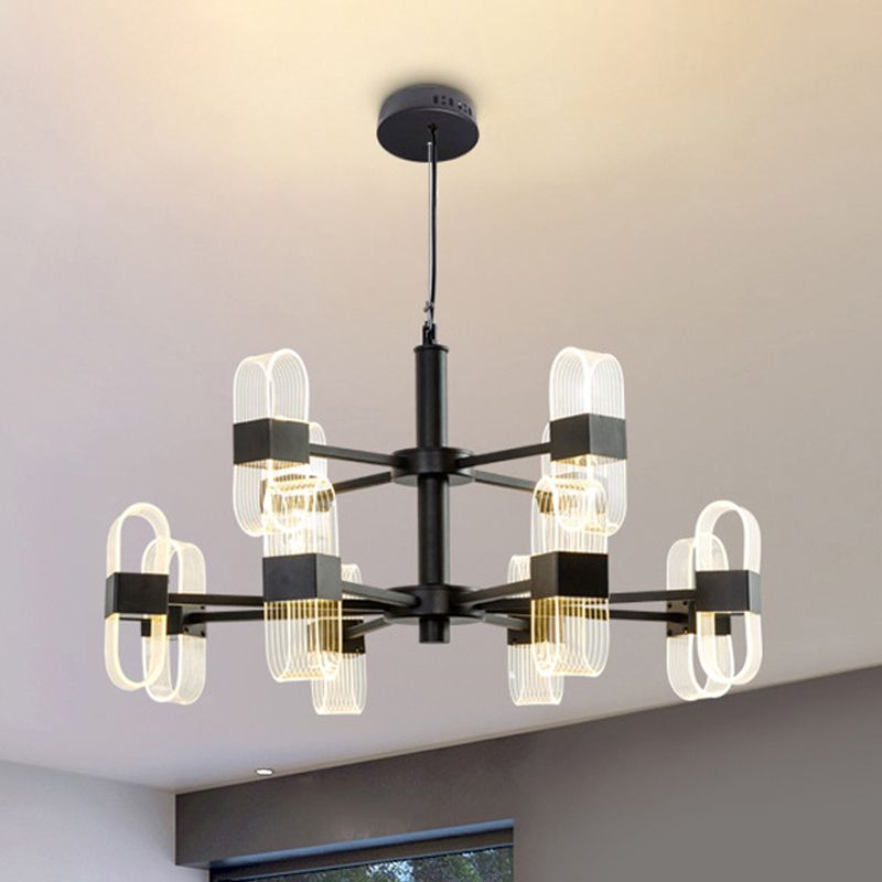 Modern Oval Chandelier Light Acrylic 6/8/12 Heads Living Room Hanging Lamp with Black Rod in Warm/White Light