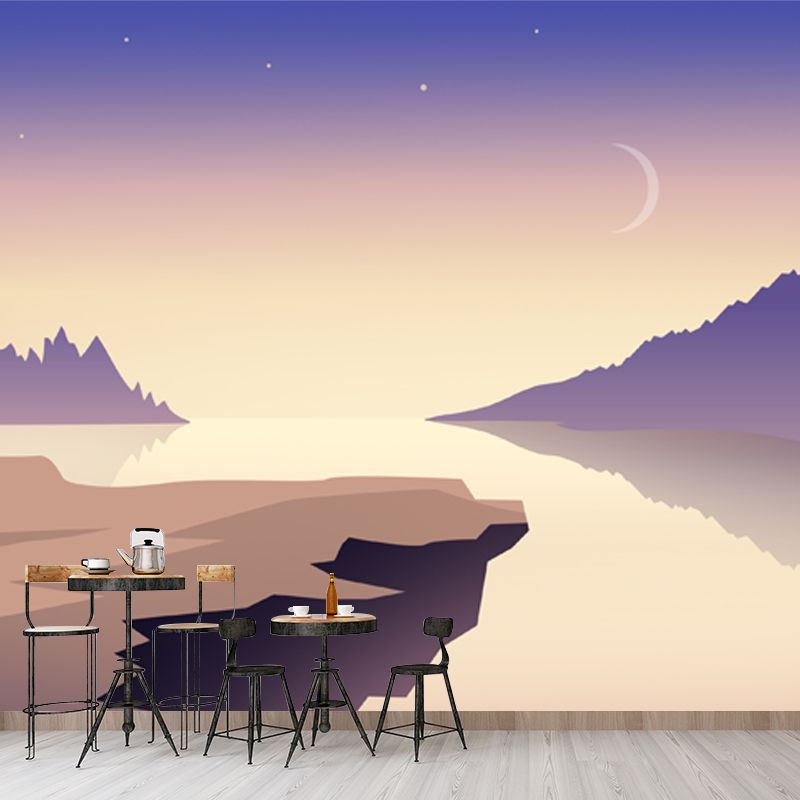 Non-Woven Stain Resistant Mural Modern River and Moon Night Starry Sky Print Wall Art in Purple-Yellow