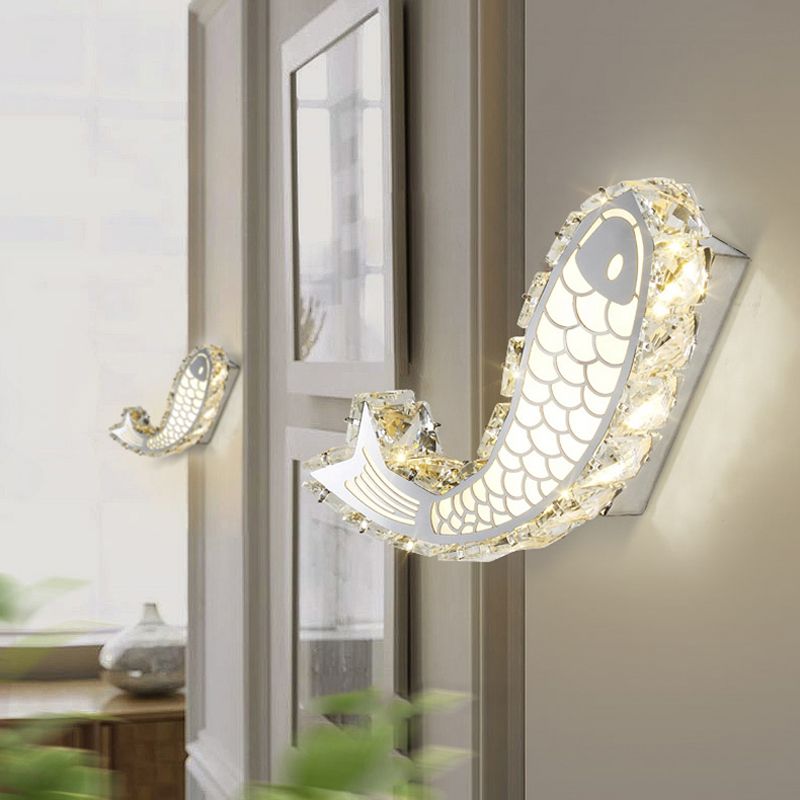 LED Bedside Wall Mounted Lamp Contemporary Chrome Wall Sconce with Carp Crystal Block Shade