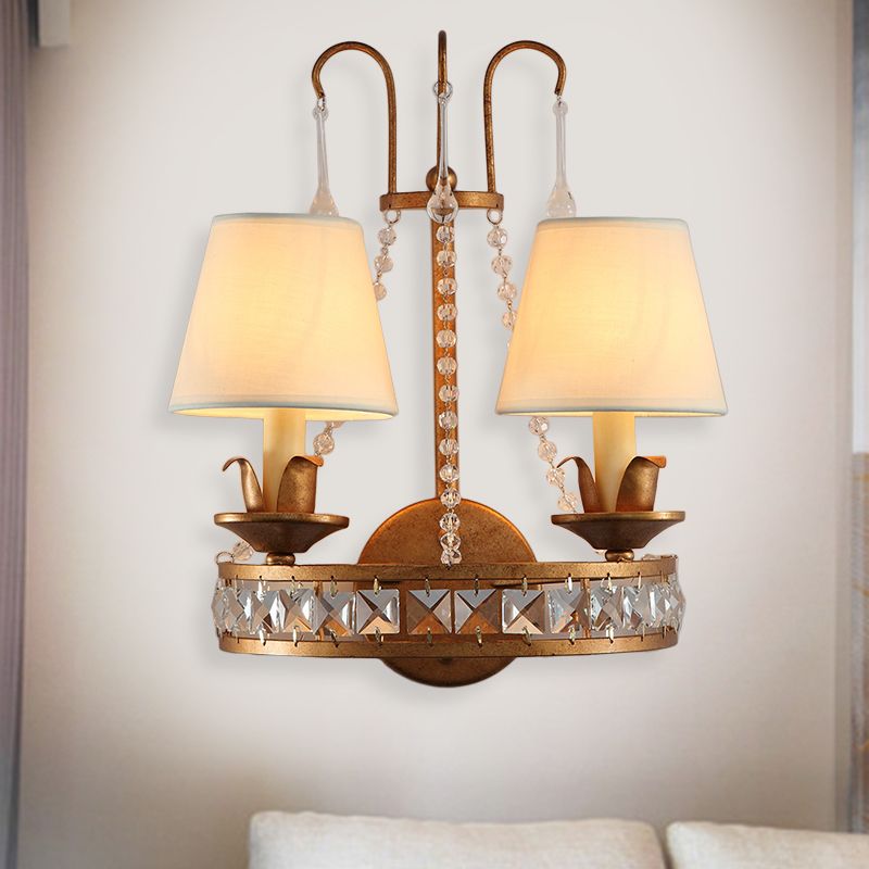 Rustic Barrel Sconce Lamp 2 Bulbs Metal and Fabric Wall Mounted Light in Antique Brass for Bedroom