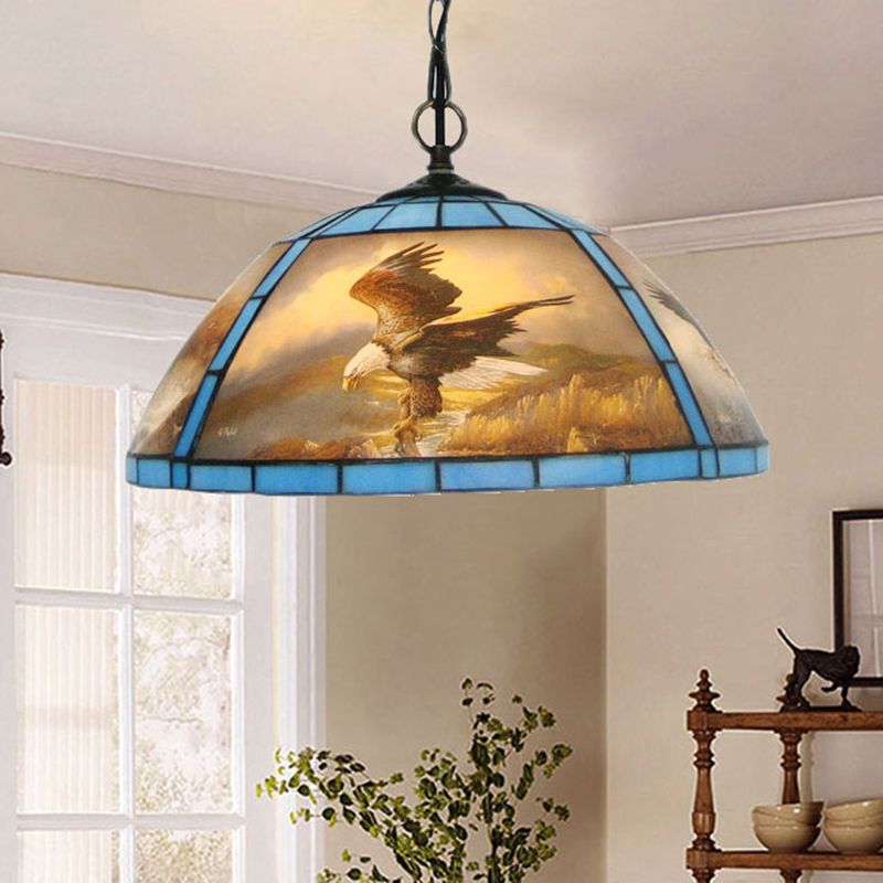 Cut Glass Domed Hanging Light Kit Victorian 1 Bulb Yellow/Blue Pendant Lamp with Eagle Pattern for Dining Room
