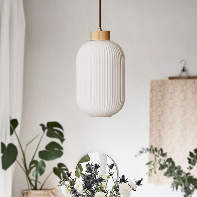 White Wooden Pendant Light in Modern Concise Style Glass Drum Hanging Light for Dining Room
