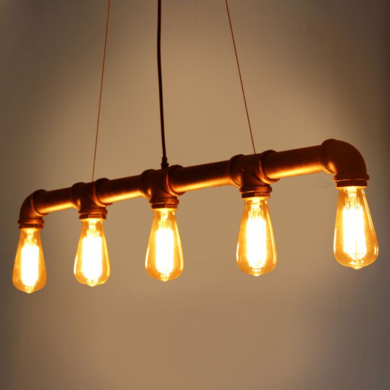 Antique Water Pipe Pendant Light 5 Heads Iron Hanging Island Light in Rust for Restaurant