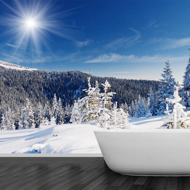 Snow Cypress Mountain Scenery Mural Contemporary Non-Woven Wall Covering in Blue