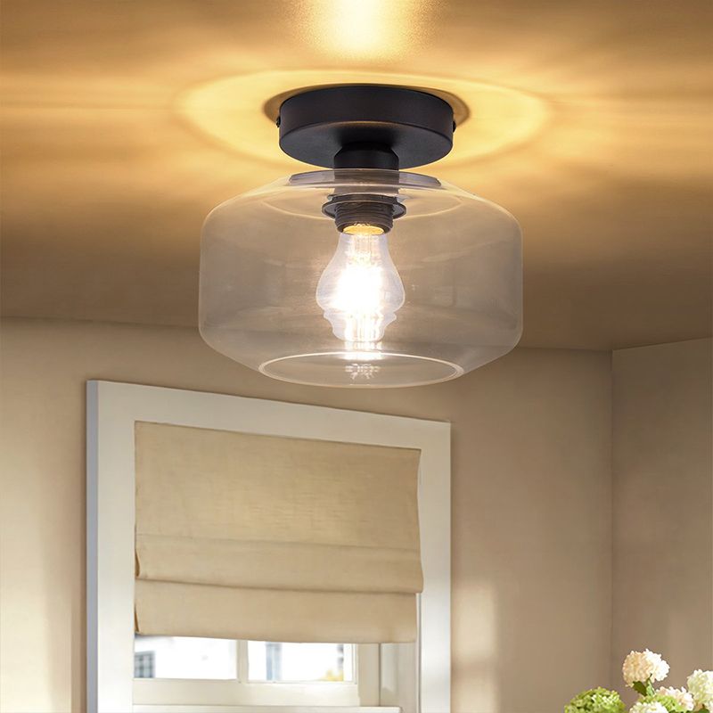 Abat-jour tambour à 1 lumière, semi-encastré, support de plafond industriel en verre noir transparent/ambre pour foyer