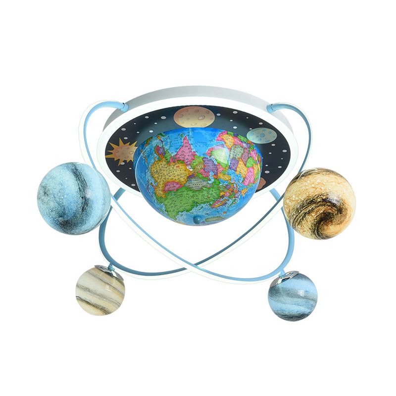 Kids Planet Orbit Flushmount Blue Stained Glass 4 Heads Children Bedroom Ceiling Mount Light