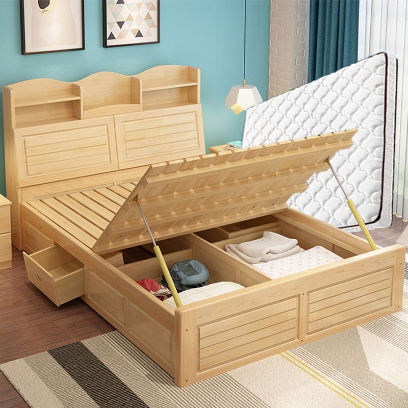 Modern Bed Frame Solid Wood Headboard Standard Bed with Storage