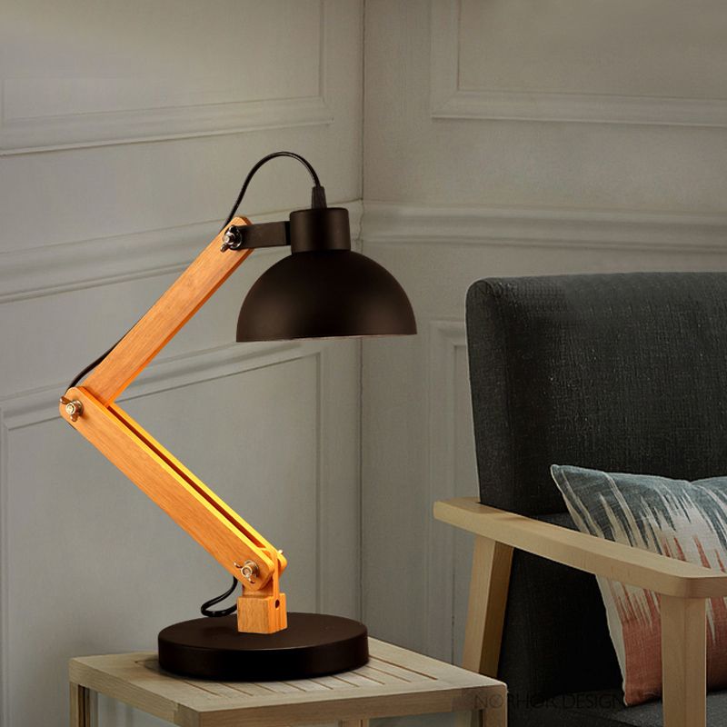Domed Study Room Reading Light Loft Style Metal 1 Light Black/White Adjustable Desk Lamp with Wood Arm