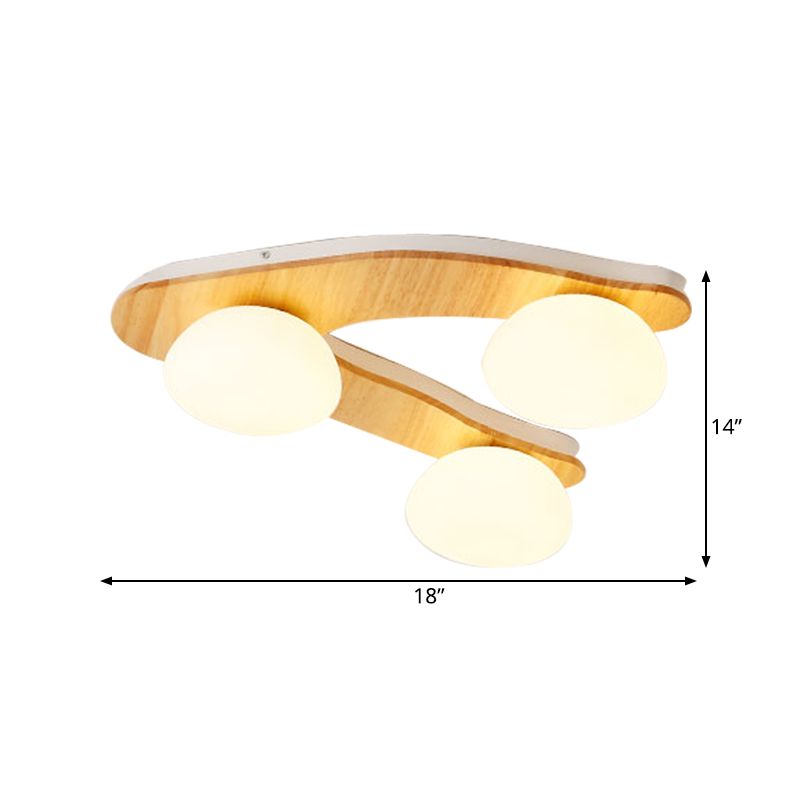 Modern 3-Light Ceiling Lighting Wood Beige Tree Fork Flush Mount Light with Ball White Glass Shade