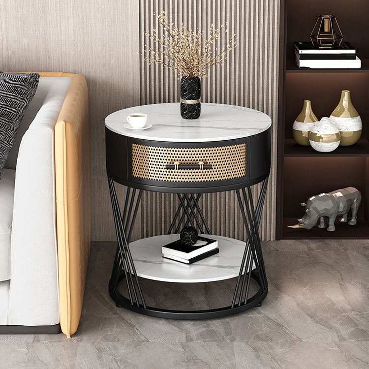 Modernistic Metal Frame End Table Slate Top Round Side End Table
