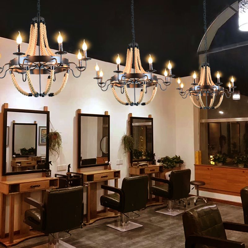 Black Finish Candle Shape Chandelier Light Industrial Rope Style Hanging Pendant Lamp with 39" Adjustable Chain