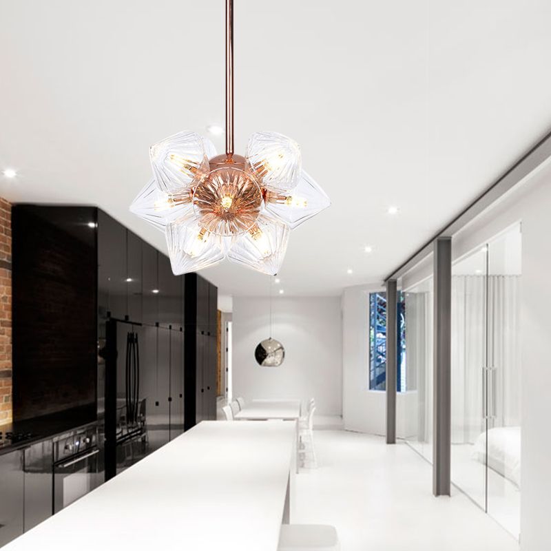 Diamond Amber / Glass Glass Chandelier Lamp Farmhouse élégant 9/12 têtes Copper / Gol Finition Éclairage suspendu