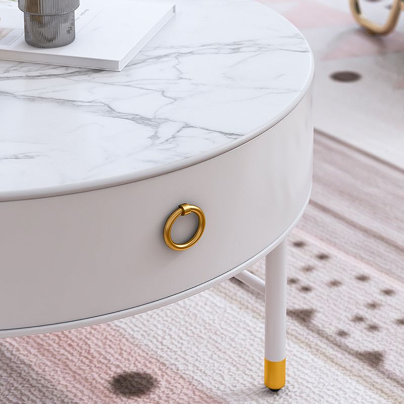 Round Slate Top Cocktail Table 1-Drawer 4 Legs Coffee Table in White of 17.7" H