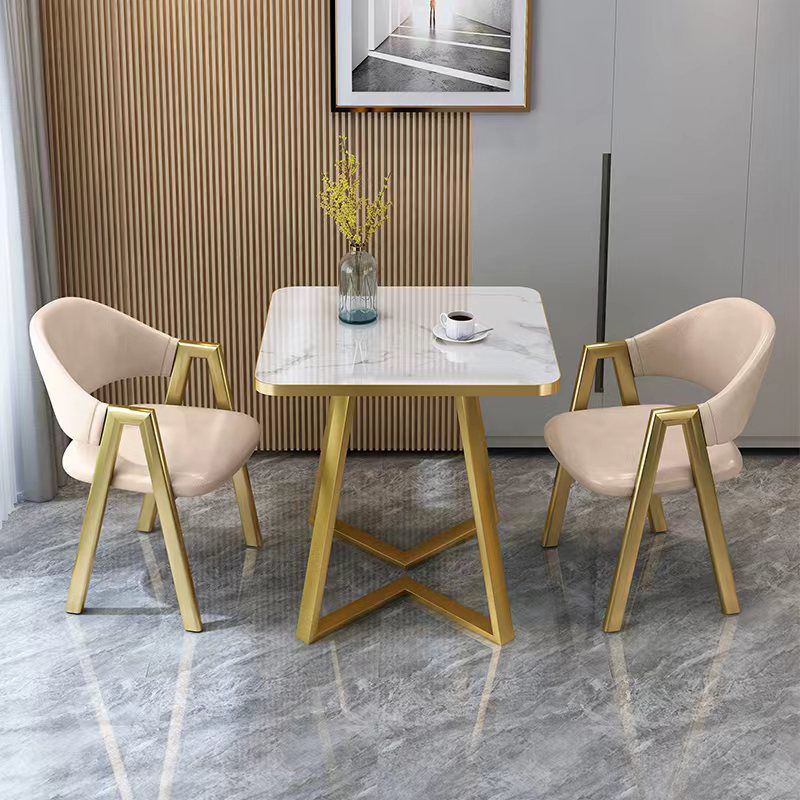 Glam Stone Square White Dining Table Metal Base for Dining Room