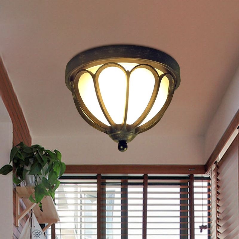 LED Ceiling Light Fixture Rustic Bowl Cream Glass Flush Mount Lamp in Black with Metal Cage