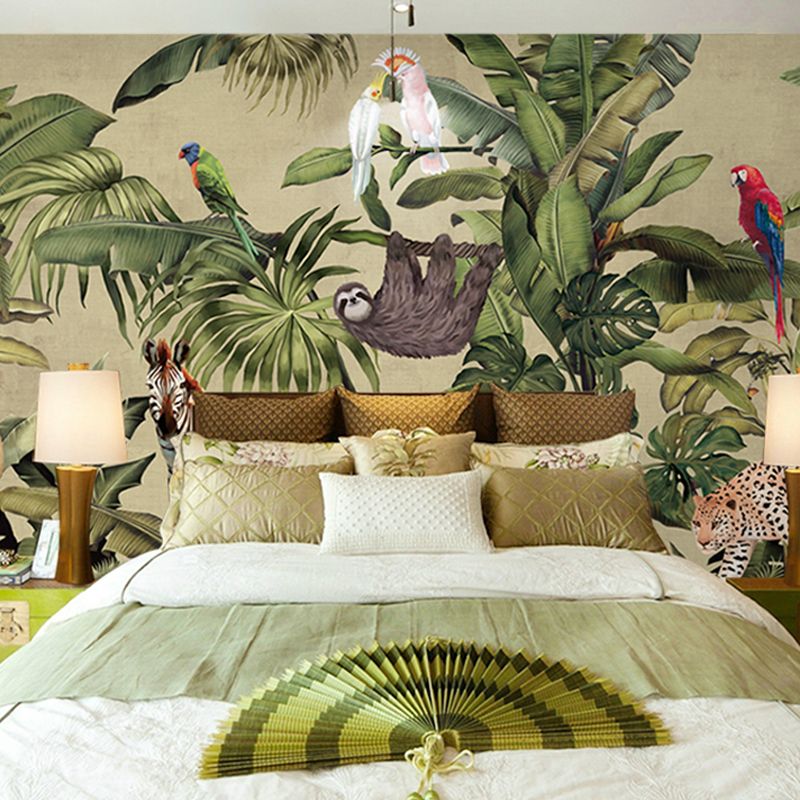 Large Wall Covering Green Forest and Animal Mural Wallpaper for Accent Wall, Non-Woven Material