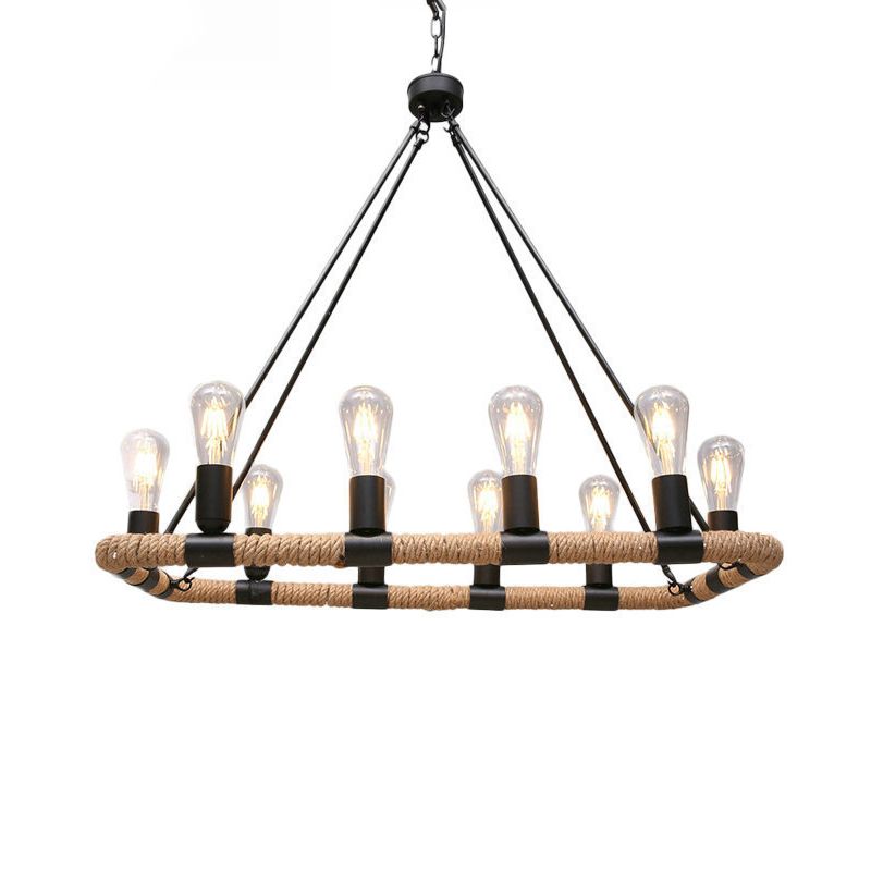 Rectangular Hemp Rope Island Lamp Industrial 10-Light Dining Room Suspension Light