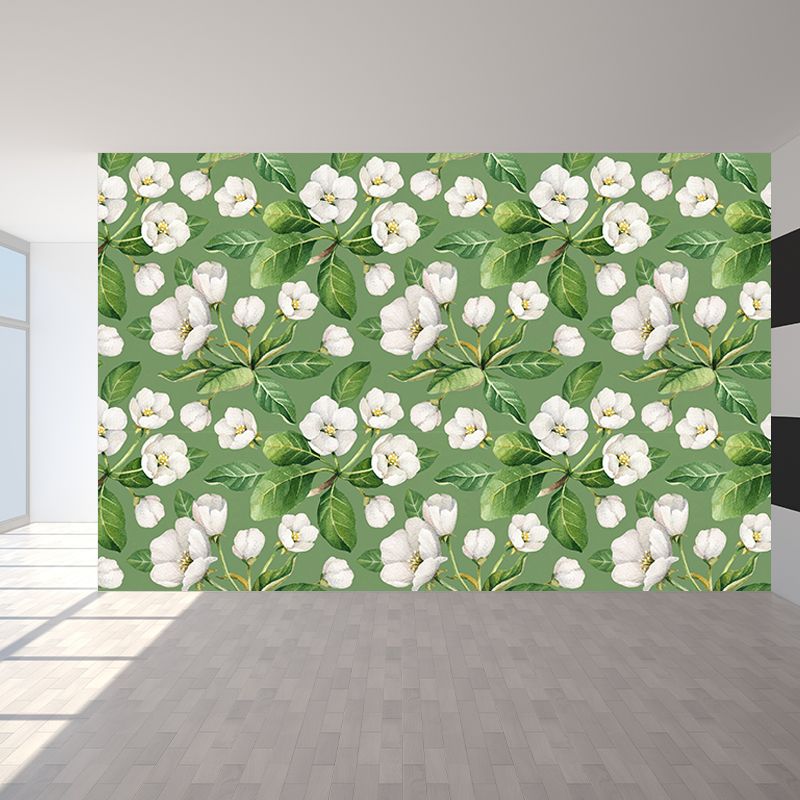 White Flower Pattern Wall Mural Moisture Resistant Tropical Living Room Wall Covering