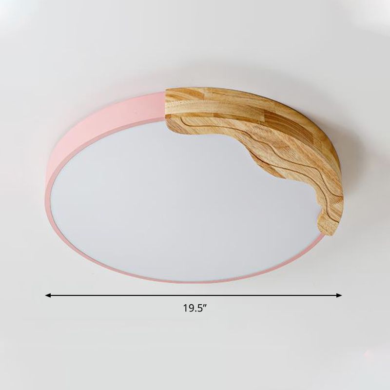Lampe encastrée ronde rose plafonnier acrylique LED de style macaron moderne avec décoration en bois, largeur 16 "/ 19,5"
