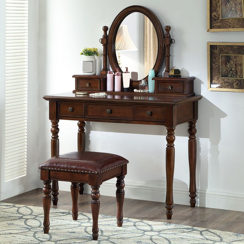 Traditional Mirrored Make-up Vanity Rubber Wood Dressing Table Stool Set