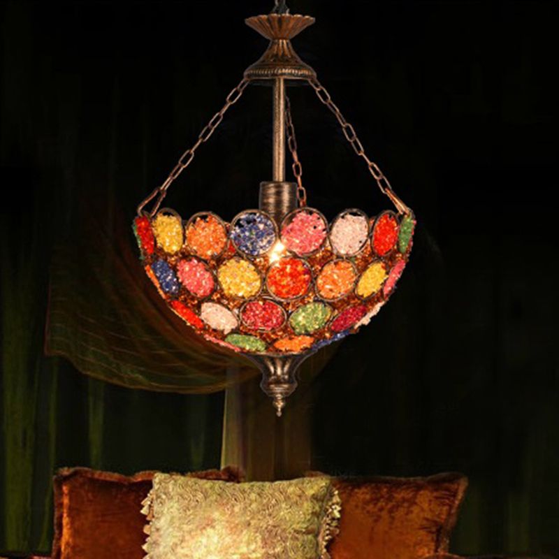 Orange Bowl Shape Hanging Light Bohemian Metal 1 Bulb Restaurant Pendant Lighting Fixture