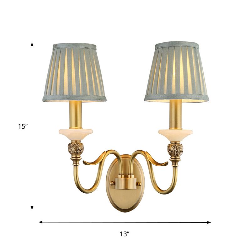 2 Heads Tapered Wall Lighting Ideas Retro Brass Finish Fabric Wall Light Sconce for Living Room